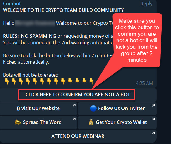 You must confirm that you are not a bot when you arrive in telegram