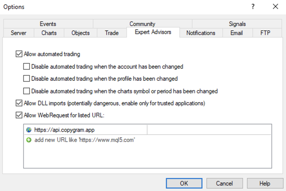 Tools -> Options -> Expert advisors -> https://api.copygram.app