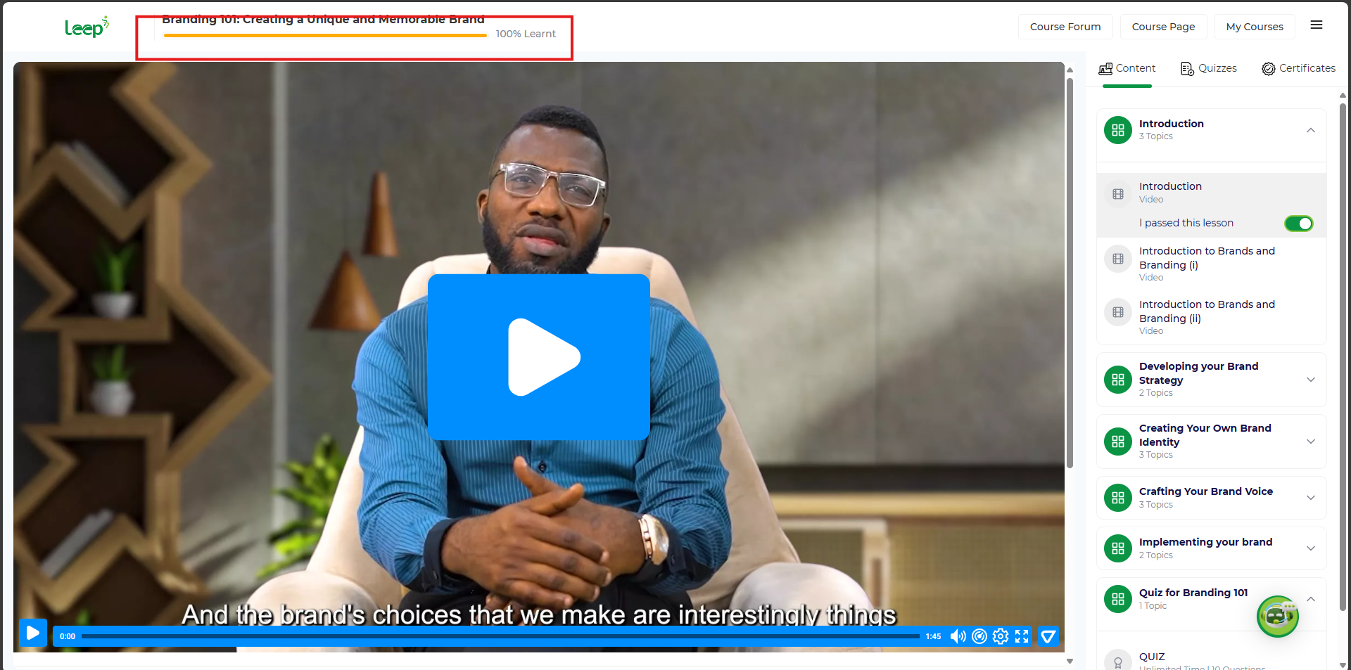 Second place to see course progress