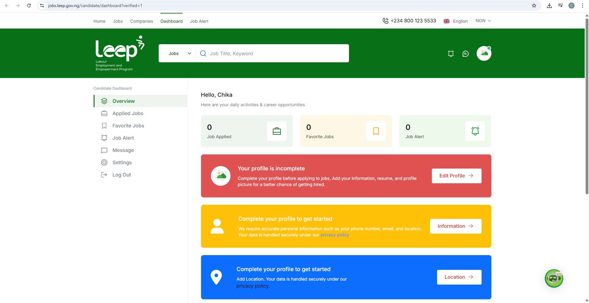 This what the dashboard of a candidate looks like.