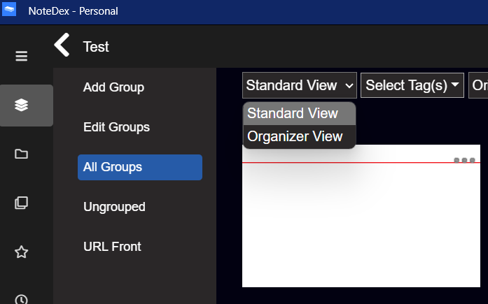 Click on the first dropdown that says 'Standard View' when viewing Cards in a Stack to get to Organizer view