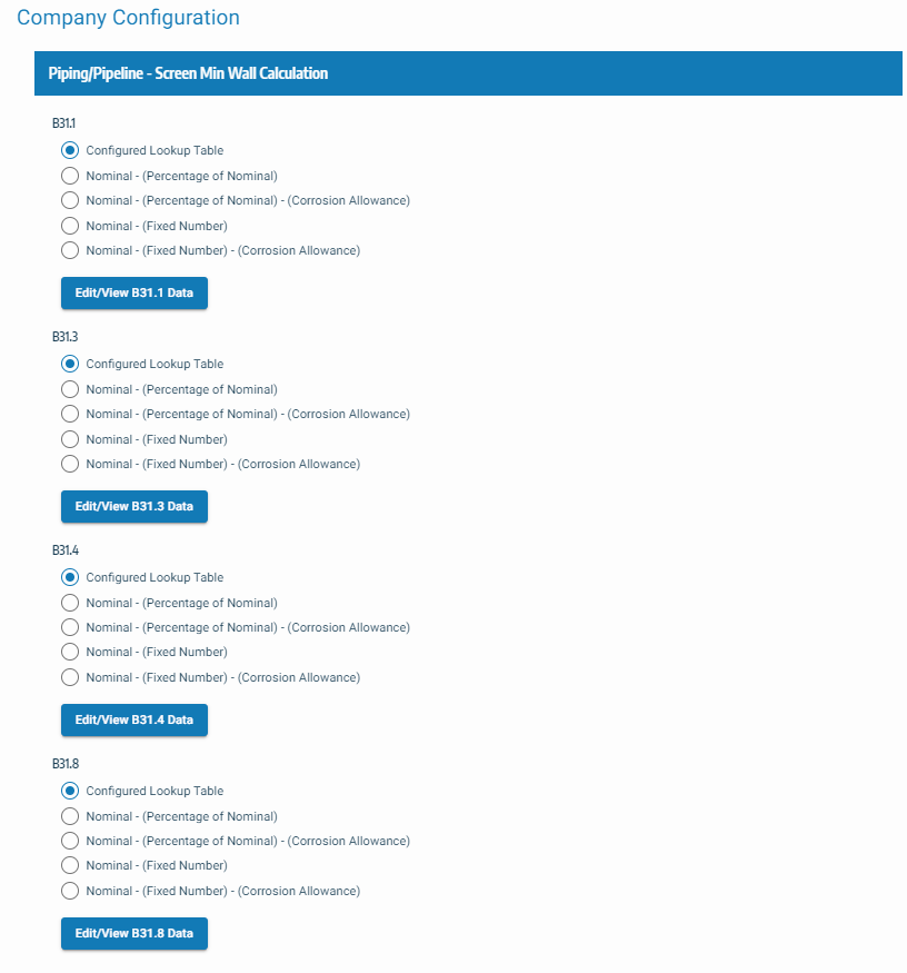 Configure structural minimum thickness tables for piping and pipeline.