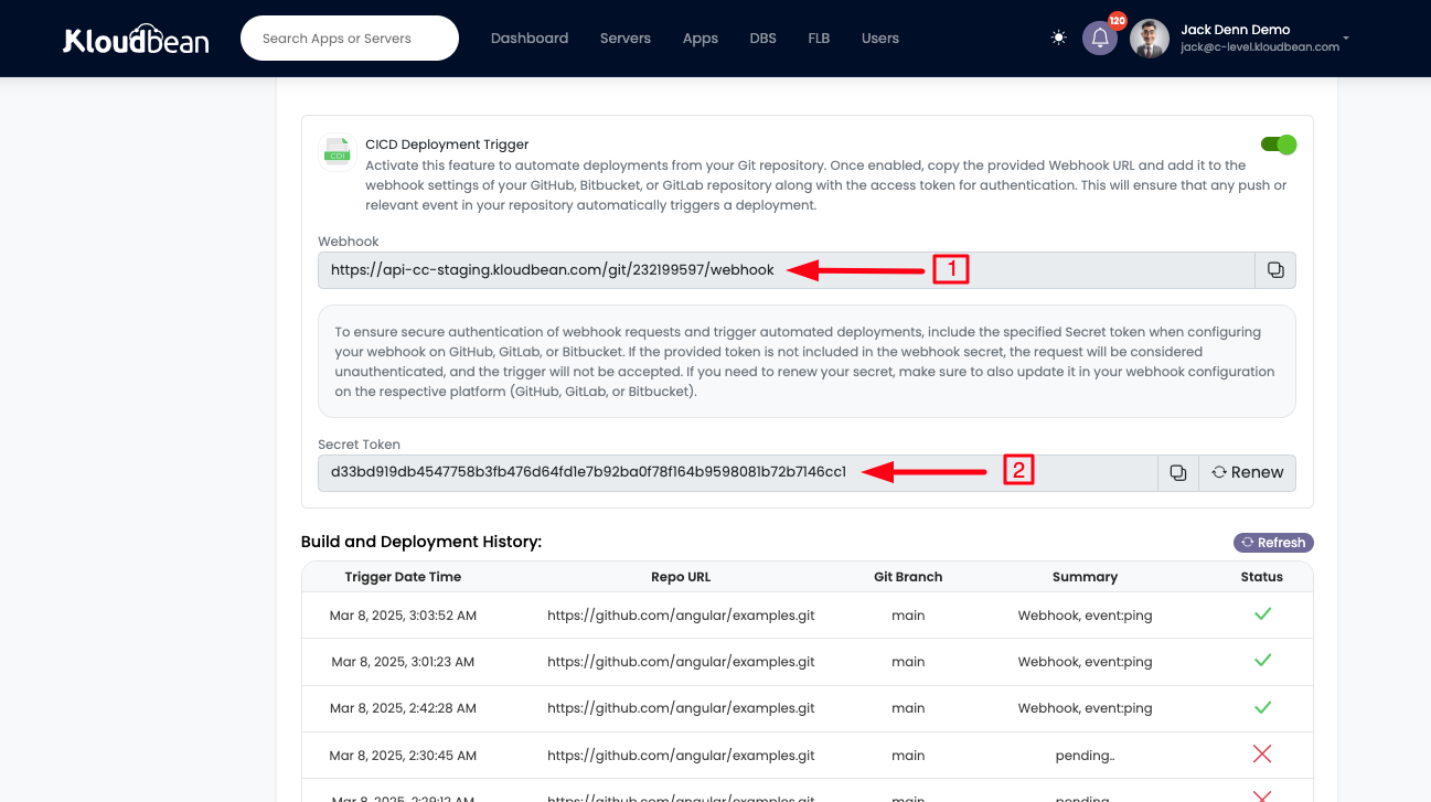 Demonstration on getting Webhook URL and Secret token.