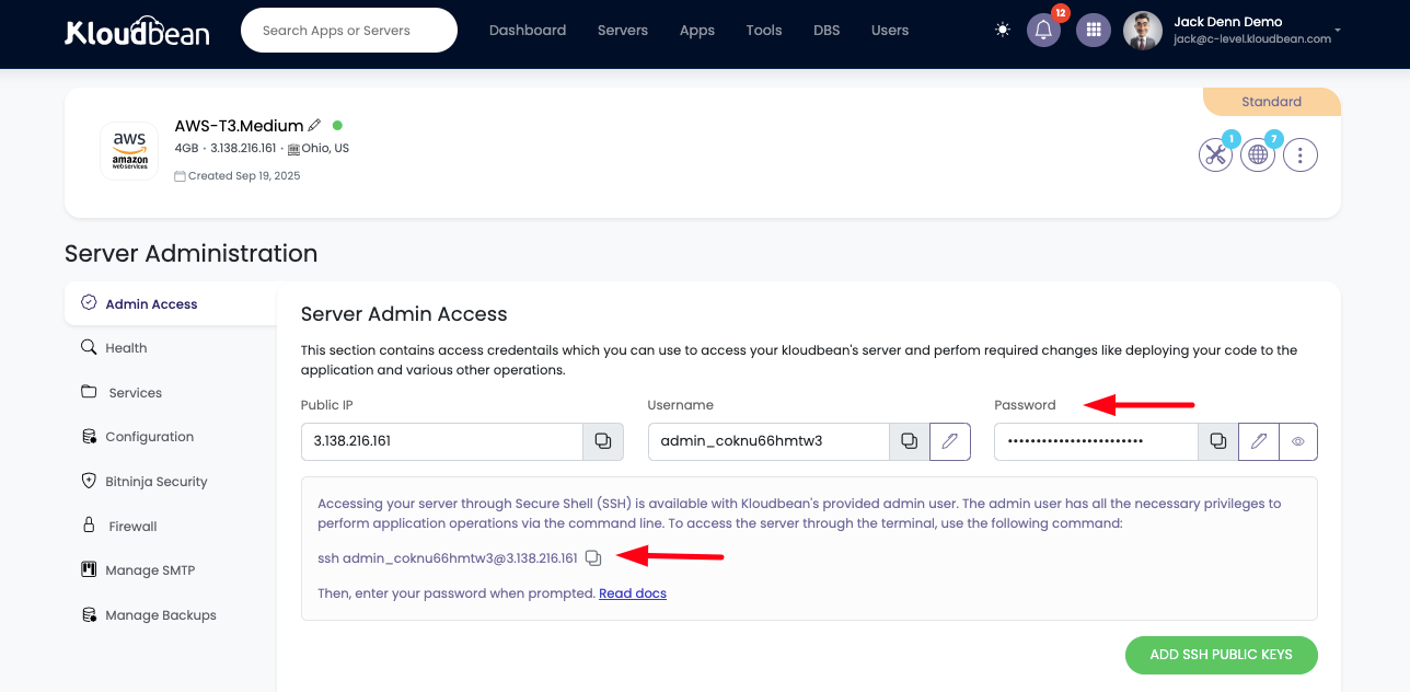 Demonstration on getting server ssh/sftp credentials.