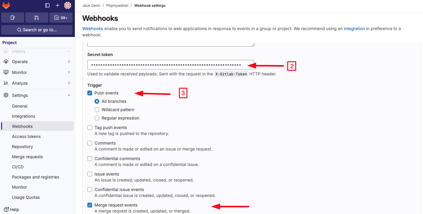 Demonstration on adding webhook Secret and Trigger events in Gitlab.