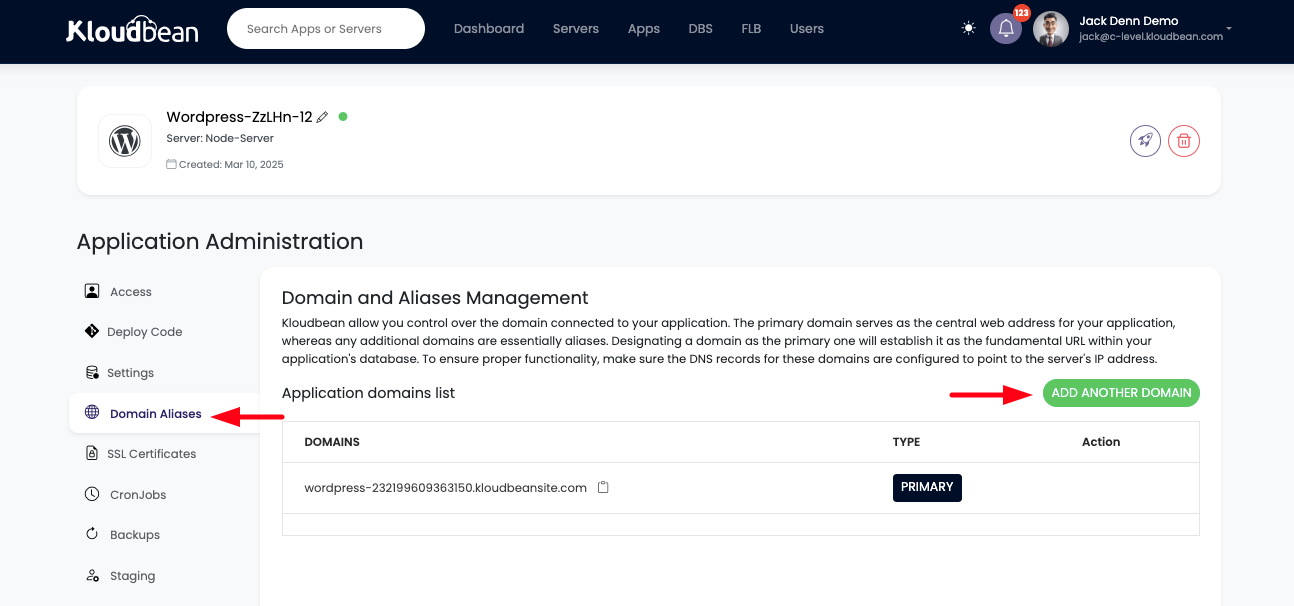 Demonstration on accessing application domains from Kloudbean console.