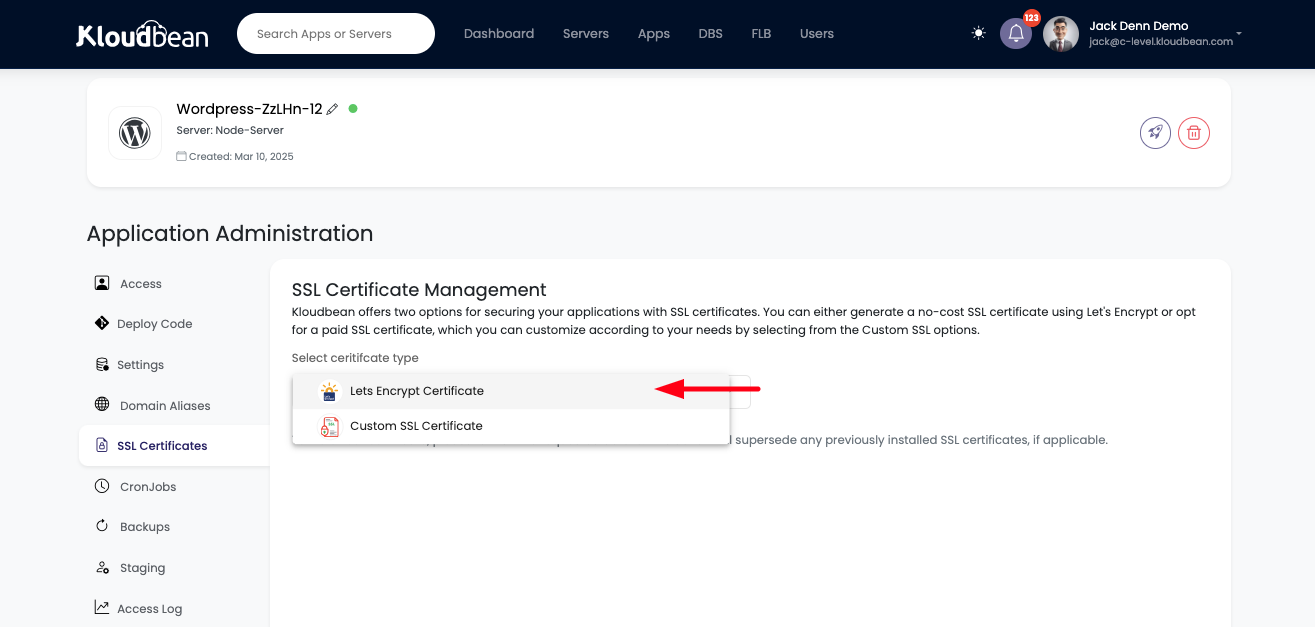 Demonstration on installing free Let's Encrypt certificates on application domain.