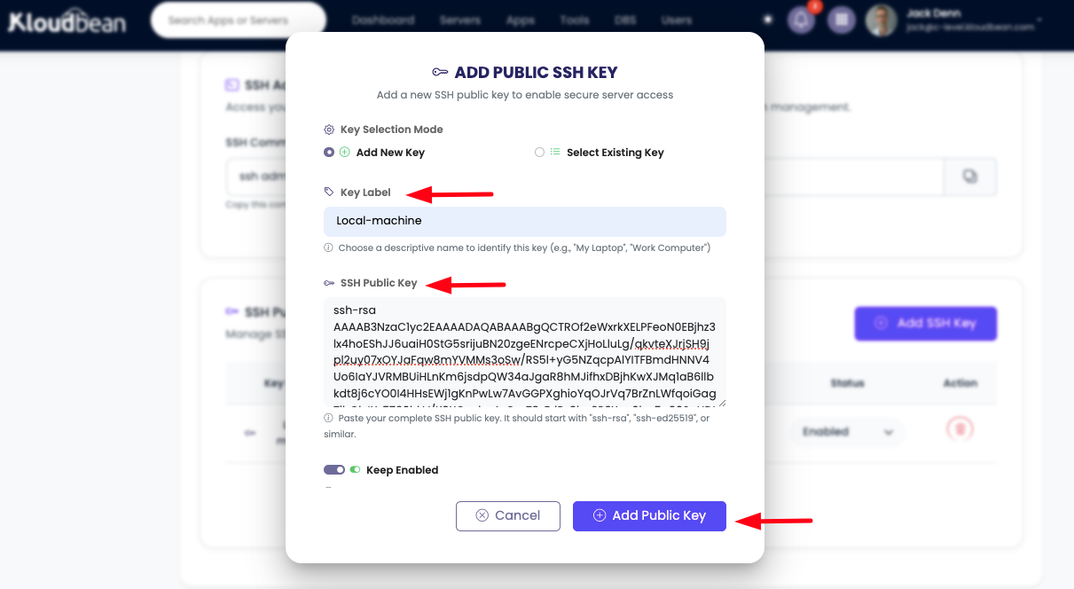 Demonstration on adding newly generated ssh keys.