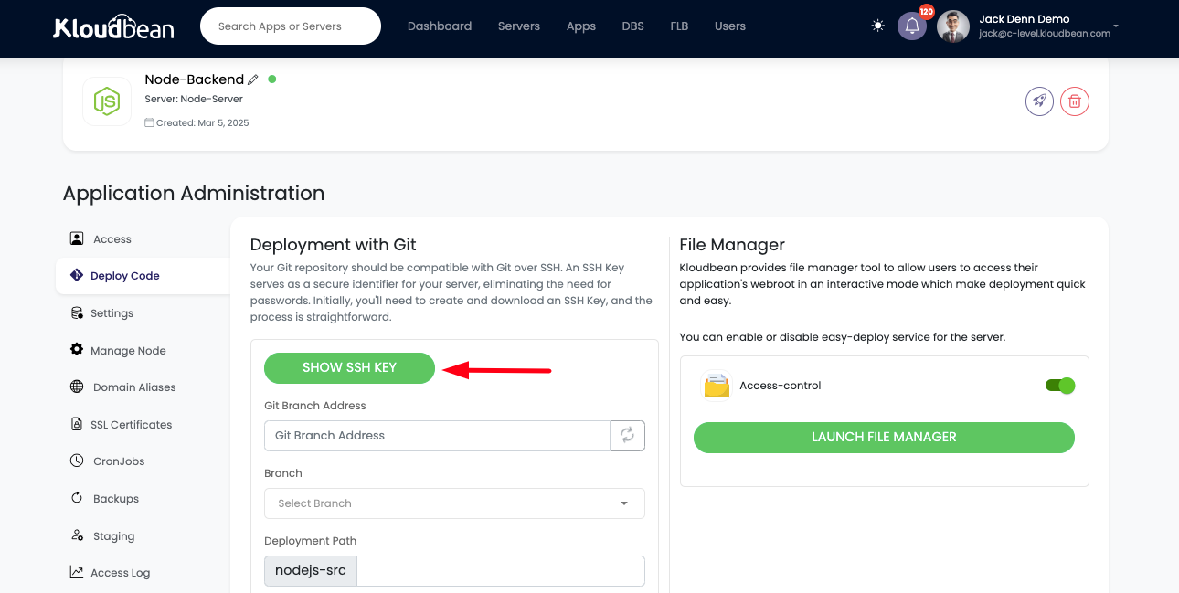 Demonstration on viewing SSH Key on Kloudbean platform.