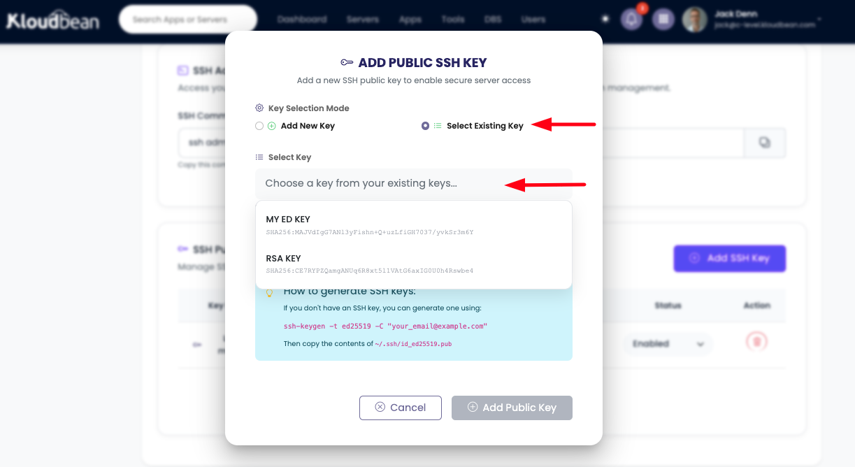 Choosing key from another existing server to deploy on this server.