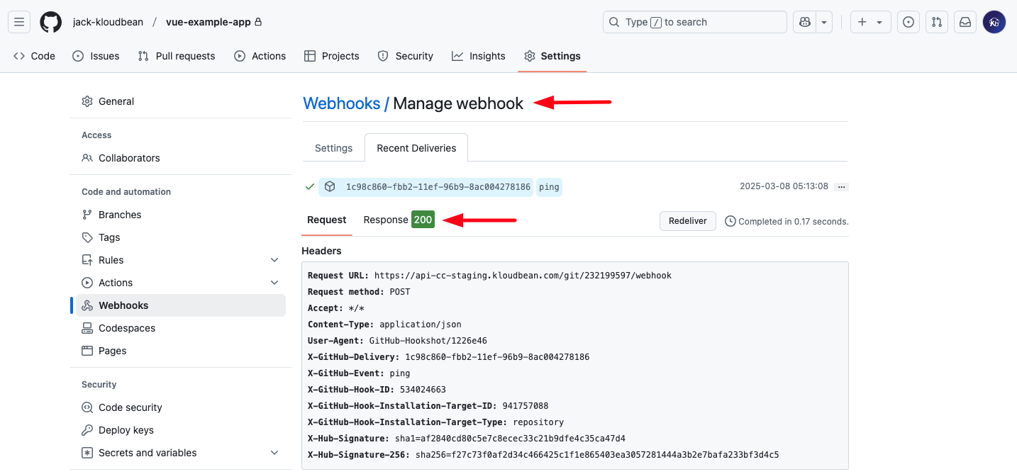 Demonstration on testing newly created webhook in Github.