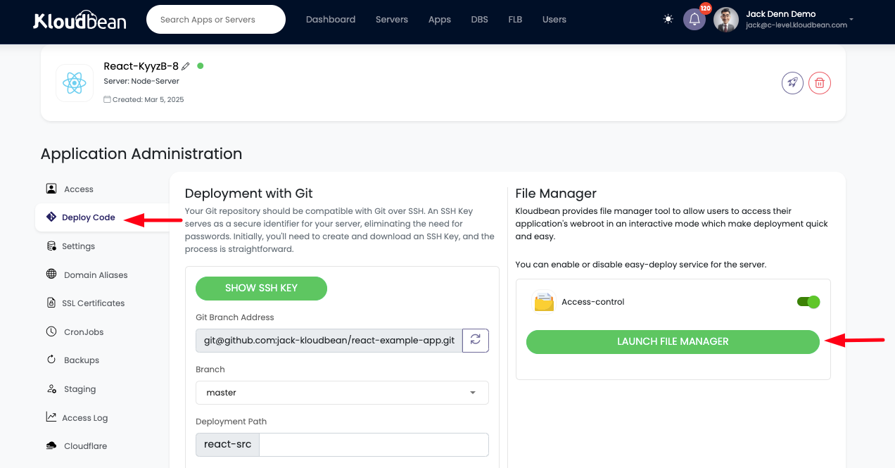 Demonstration on launching FileManager from Kloudbean console.