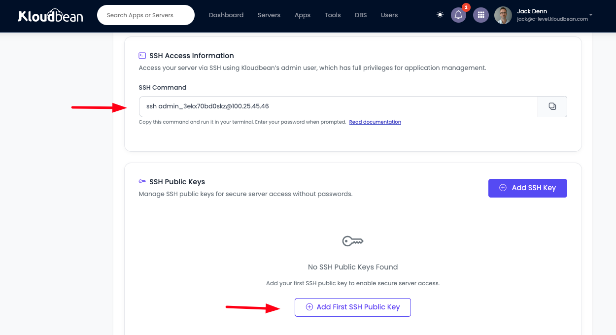 Demonstration on getting server ssh/sftp credentials or adding public key for key based access.