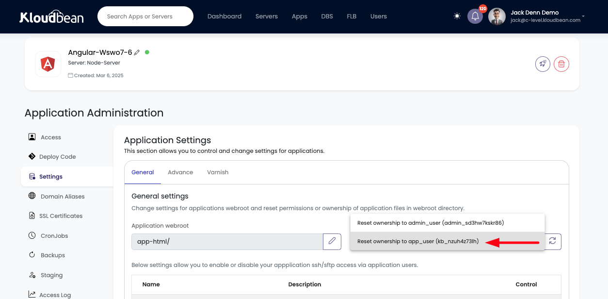 Demonstration on updating or resetting permissions to app user.