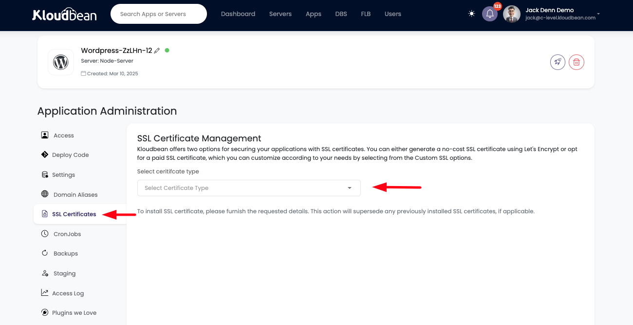 Demonstration on installing SSL certificates on application domain.