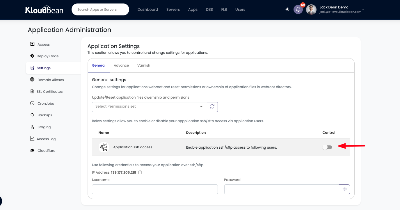 Demonstration on enabling application ssh access.