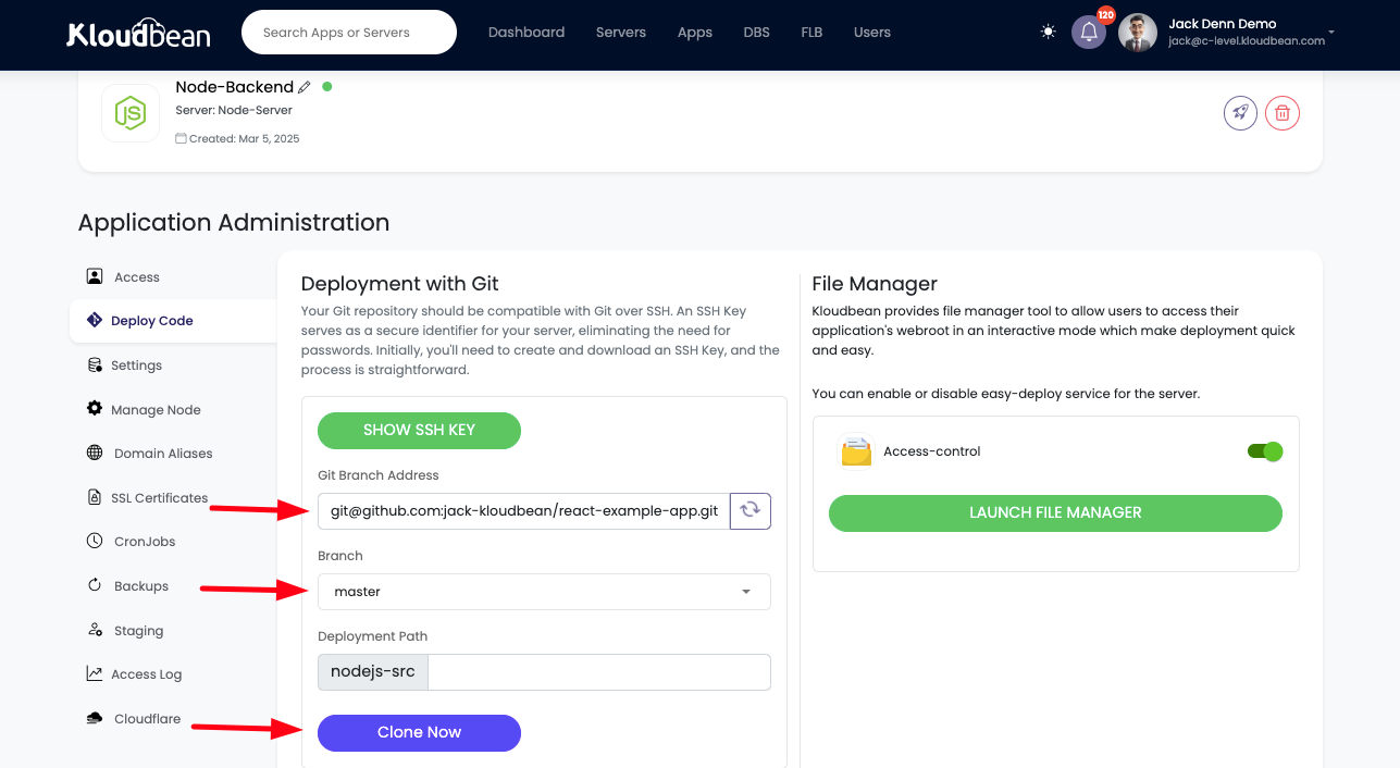 Demonstration on adding repository URL and cloning it on Kloudbean platform.