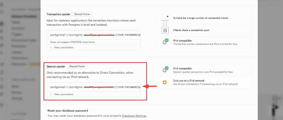 Demonstration on getting database access url from current Supabase account. 