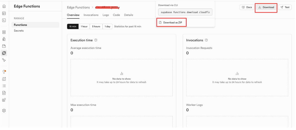 Demonstration on downloading Edge Functions from current Supabase account. 