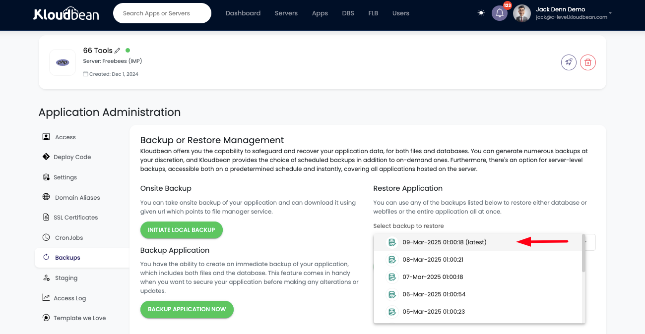 Demonstration on accessing latest application backups.