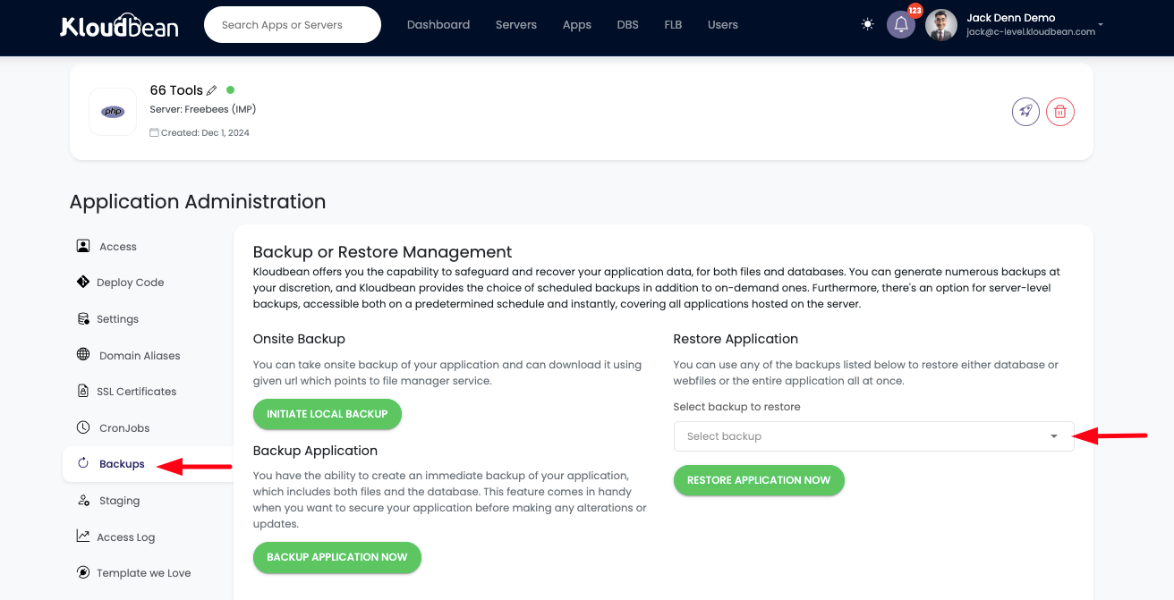 Demonstration on accessing available application backups.