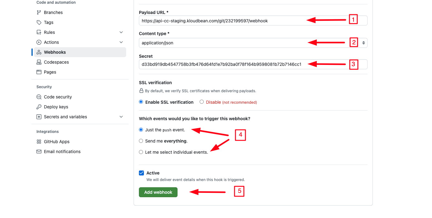 Demonstration on adding webhook URL, Content type and Secret in Github.