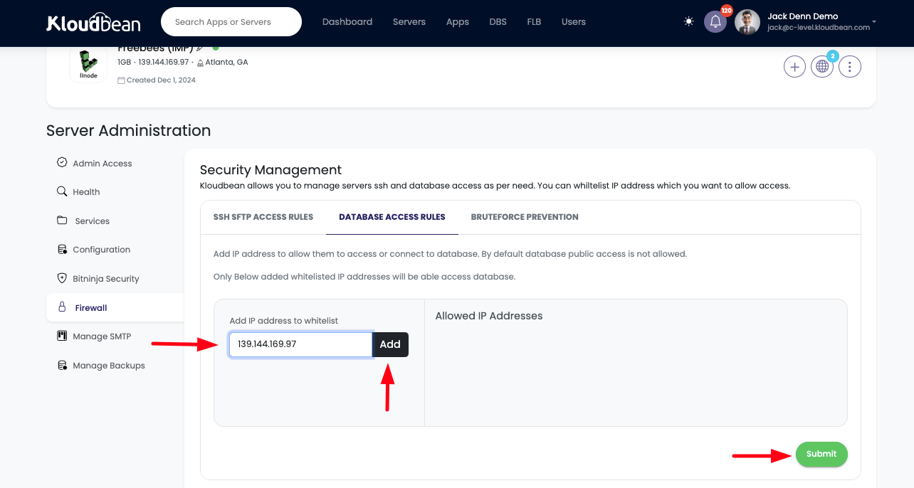 Demonstration on whitelisting source server public IP address.