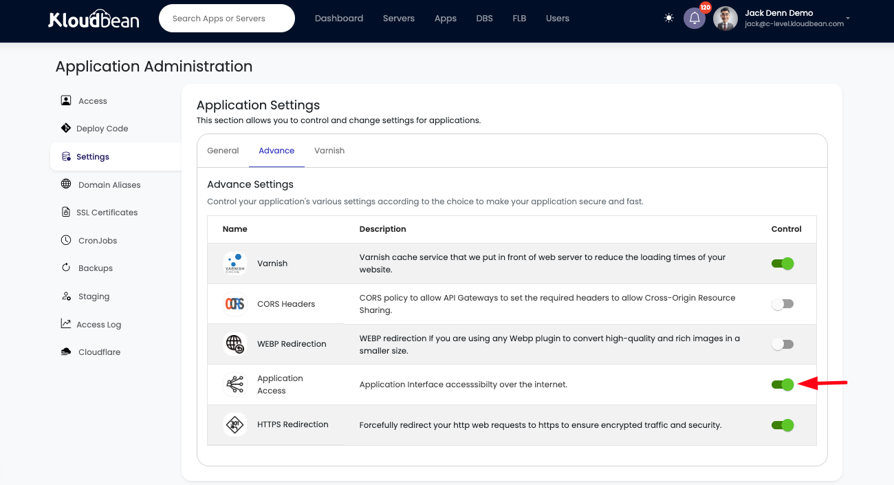 Demonstration on enabling/disabling application web access.