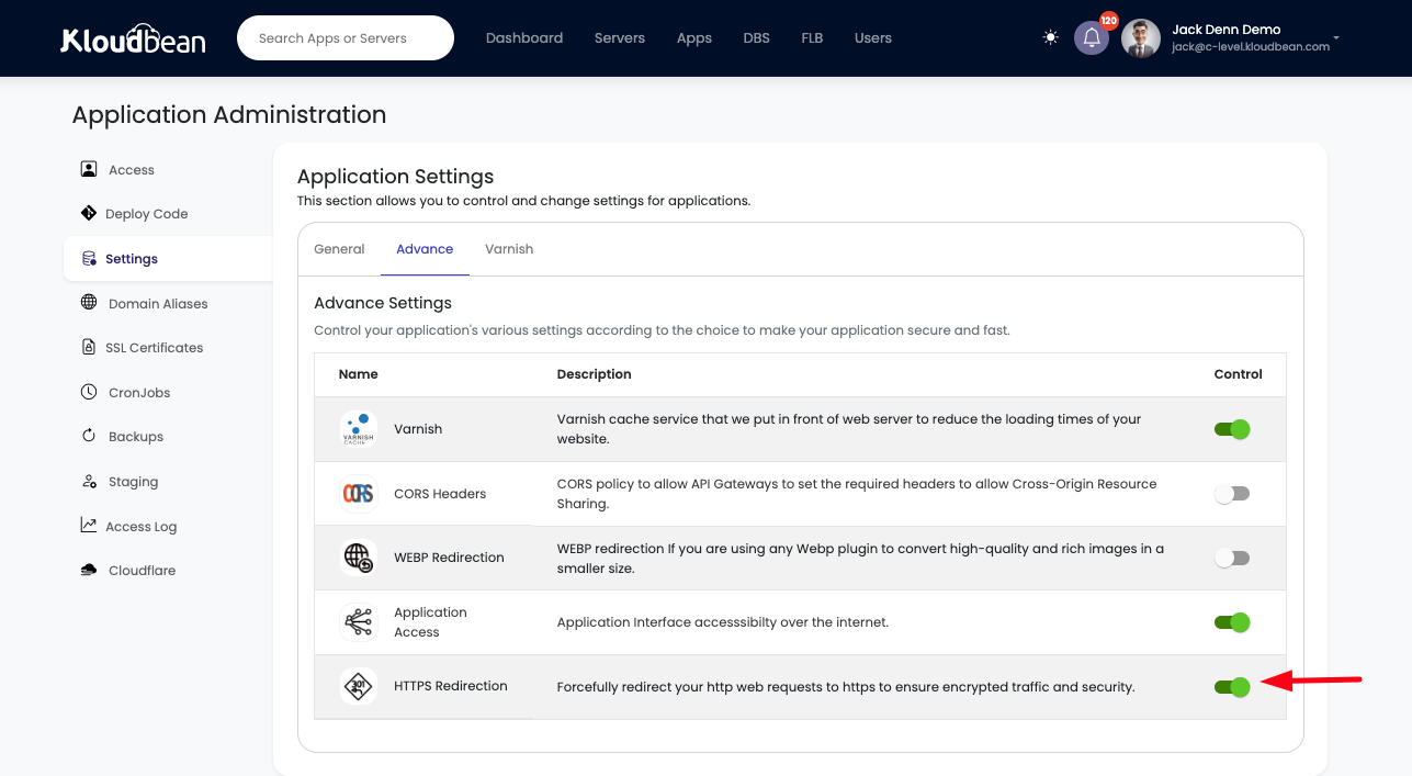 Demonstration on enabling/disabling application force https.