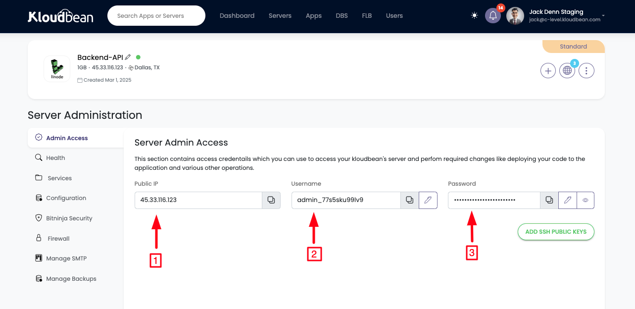 Demonstration on getting server ssh/sftp credentials.