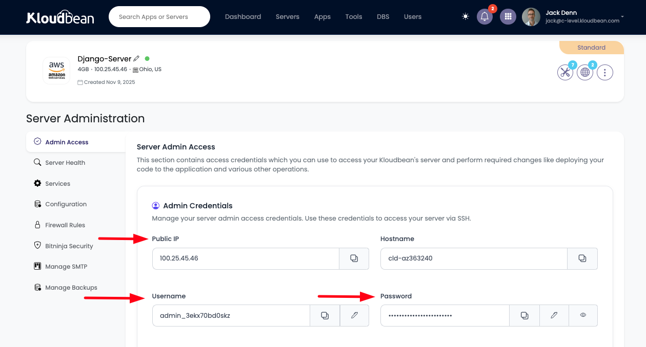 Demonstration on getting server ssh/sftp credentials.