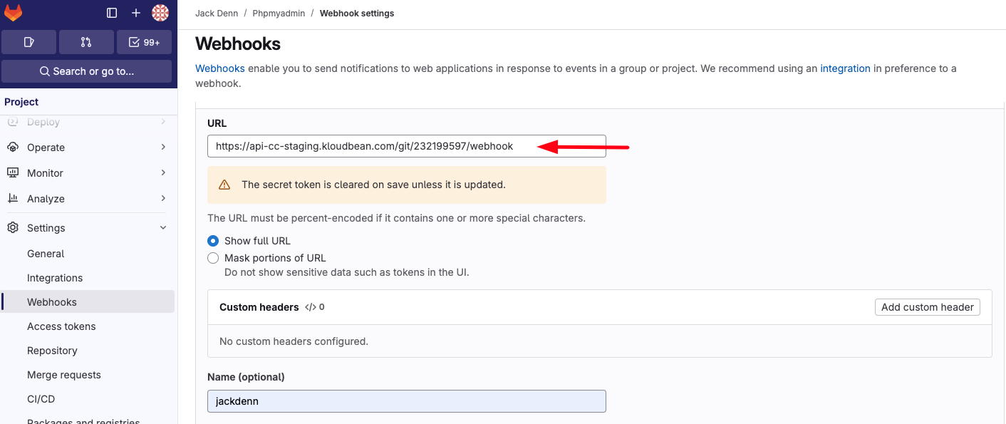 Demonstration on adding webhook URL in Gitlab.