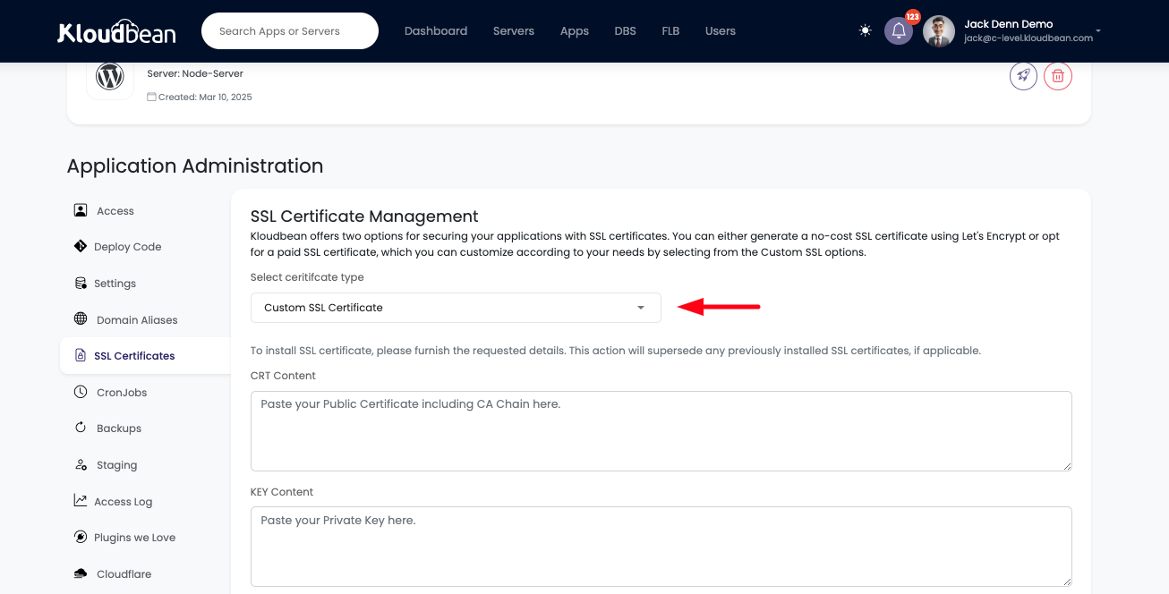 Demonstration on installing custom certificates on application domain.