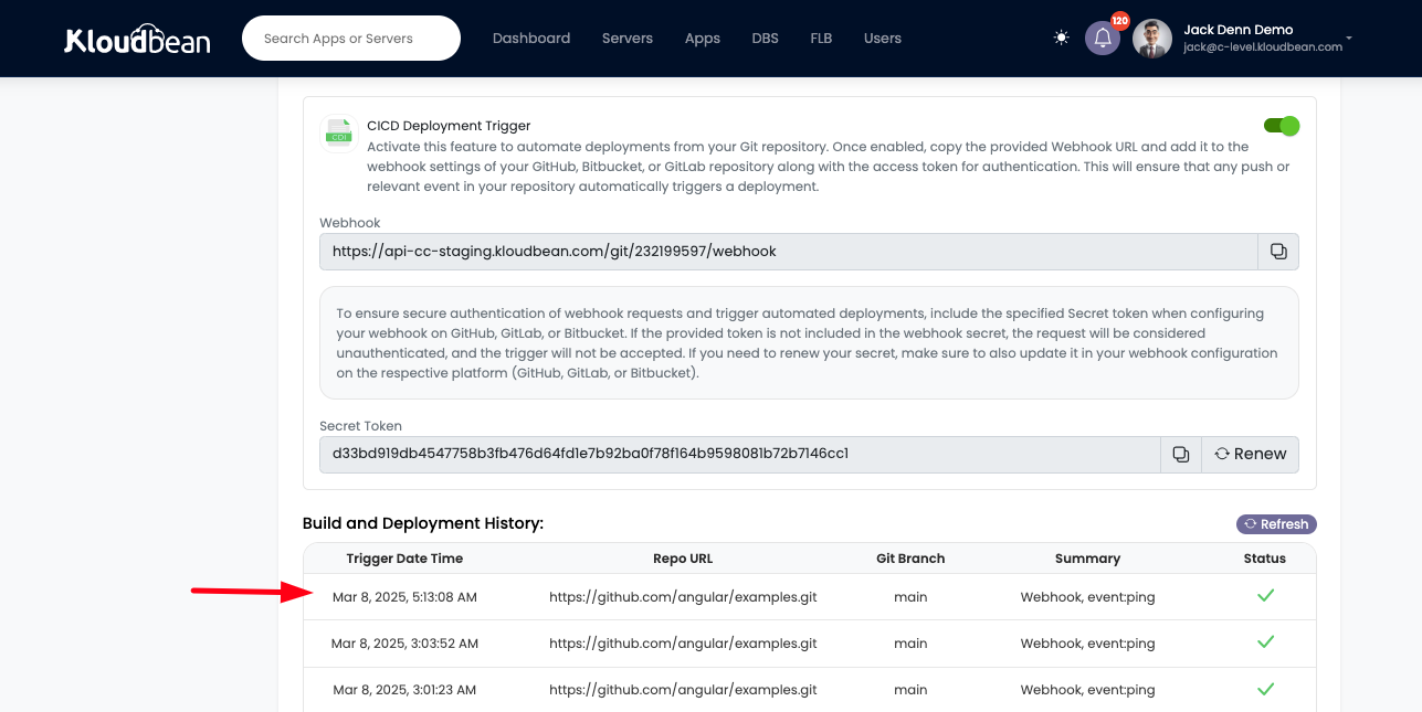 Demonstration on viewing deployment started in kloudbean upon webhook triggered.