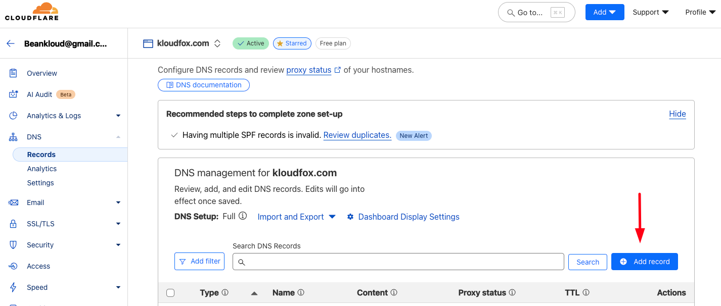 Demonstration on adding new DNS record on Cloudflare.