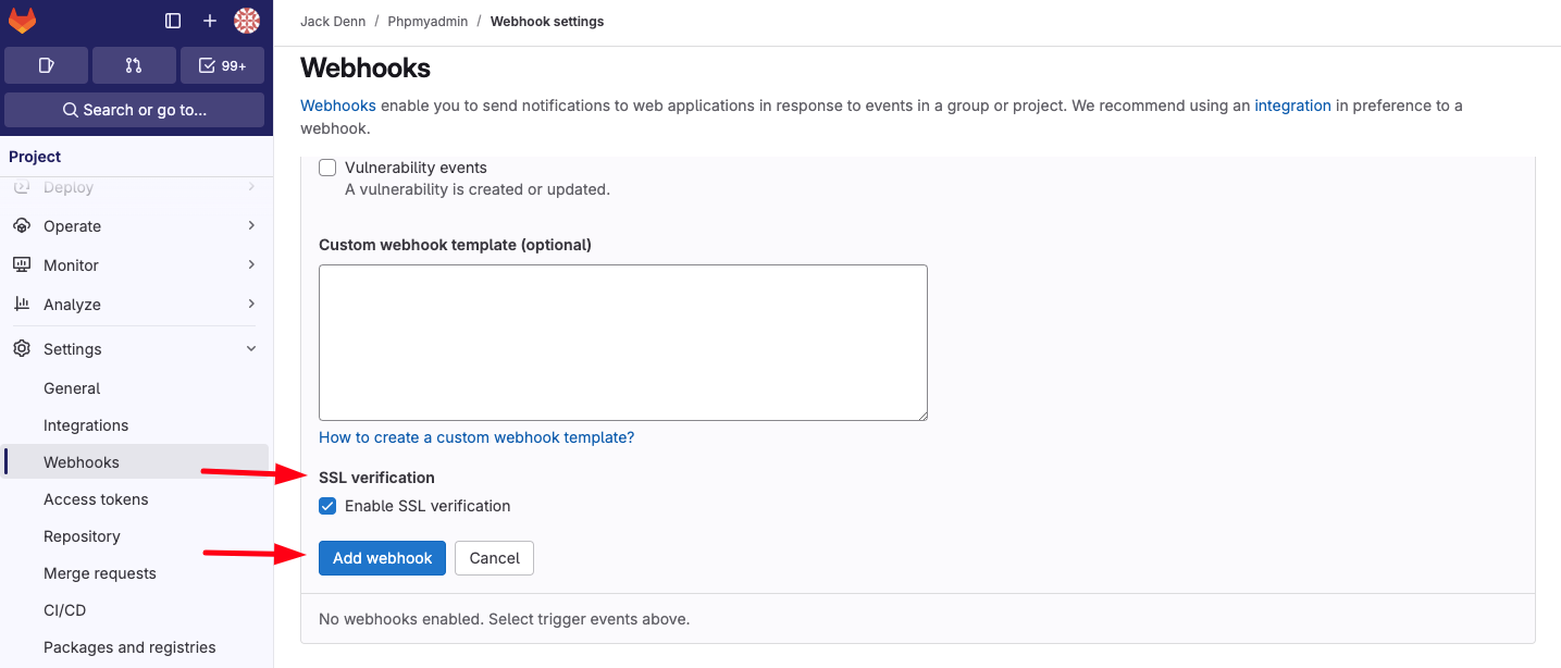 Demonstration on enabling webhook SSL verification and saving changes.