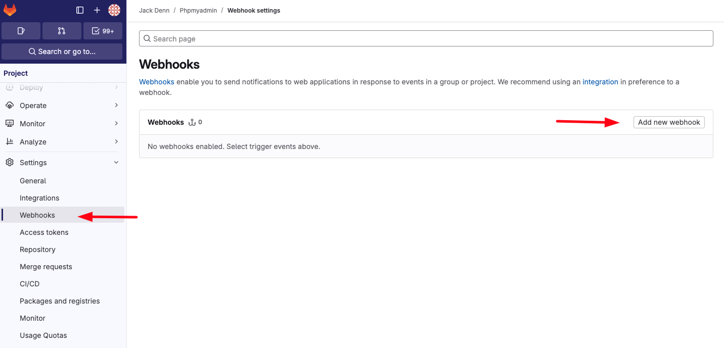 Demonstration on adding new webhook in Gitlab.