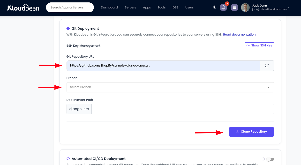 Demonstration on deploying code with Git.