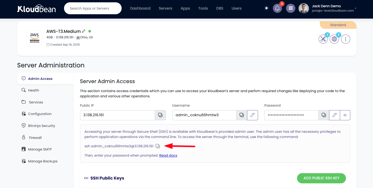 Demonstration on accessing server SSH/SFTP credentials.