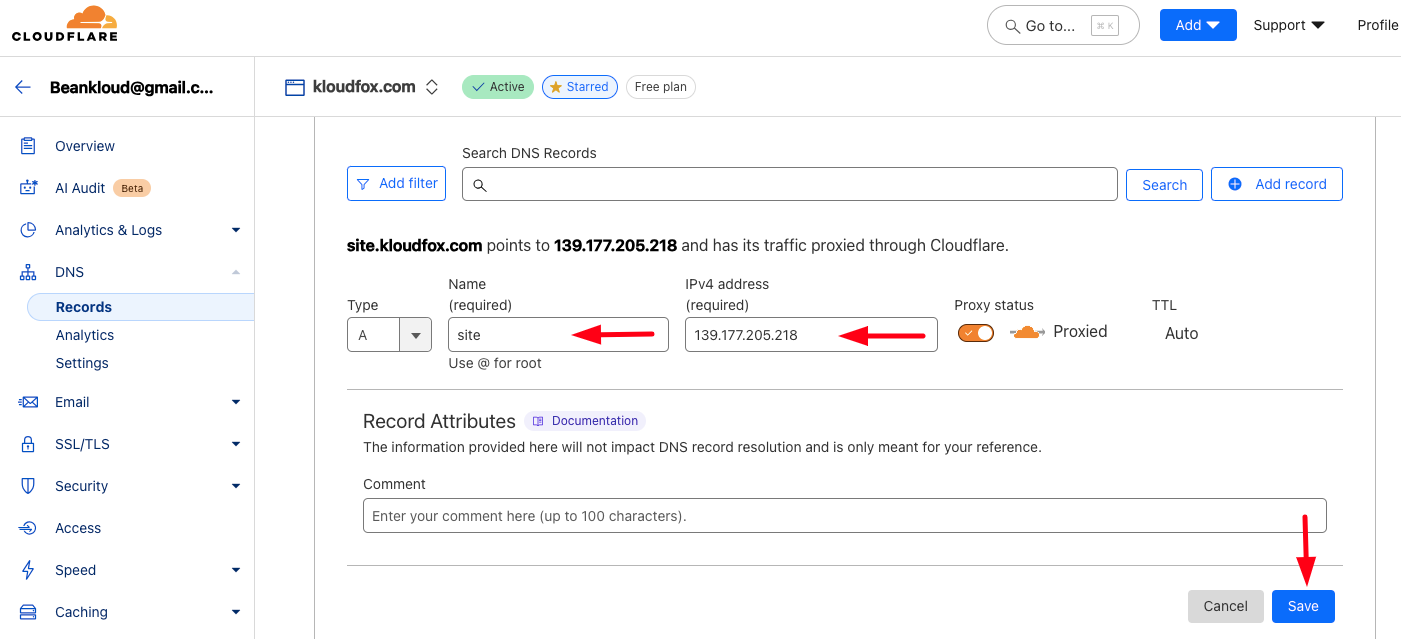 Demonstration on adding new DNS record on Cloudflare.