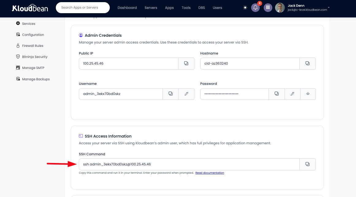 Demonstration on accessing server SSH/SFTP credentials.