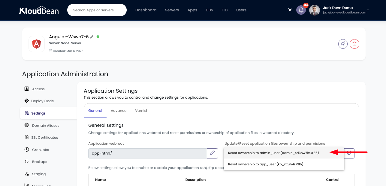 Demonstration on updating or resetting permissions to admin user.