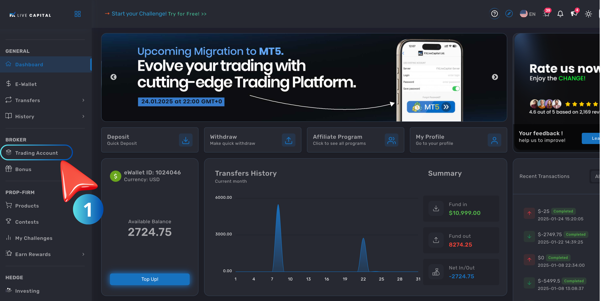 1- Log in to your Client Panel and Navigate to the Trading Account section.