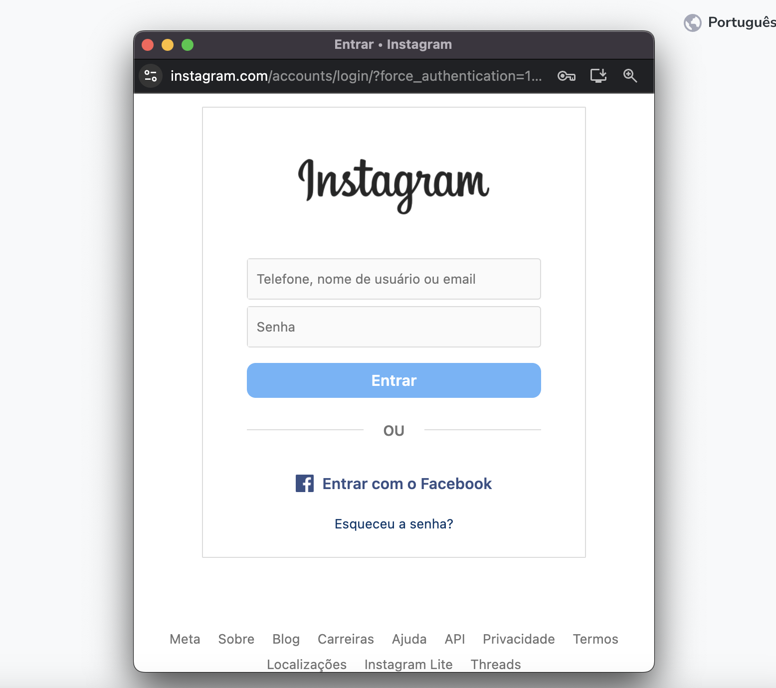 Popup do Instagram para conexão de sua conta que será automatizada.