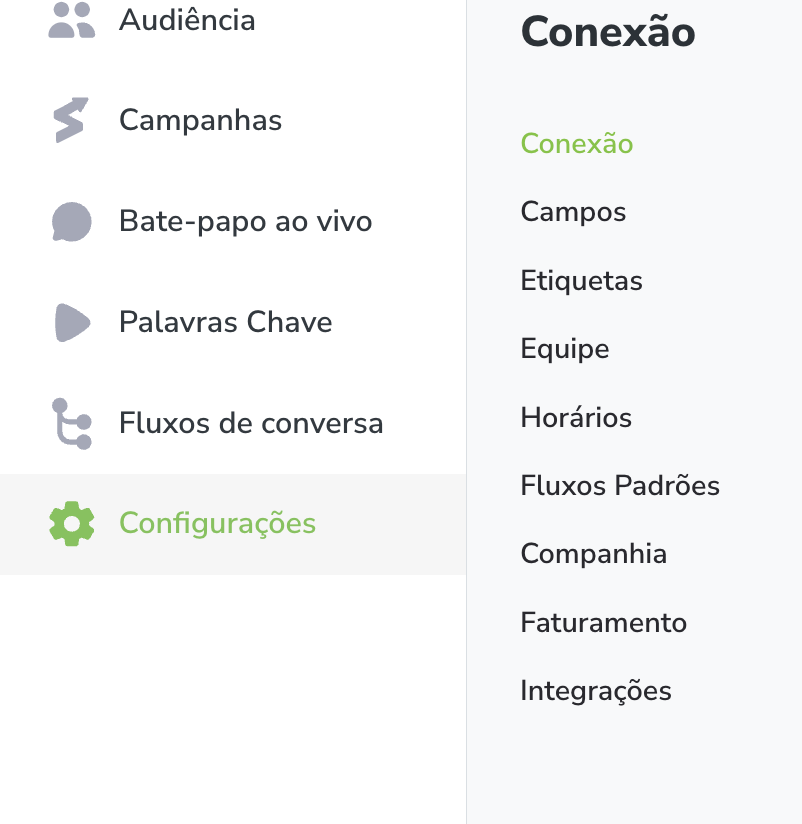 Na lateral esquerda da aba do BlinkChat, acesse: Configurações > Conexão