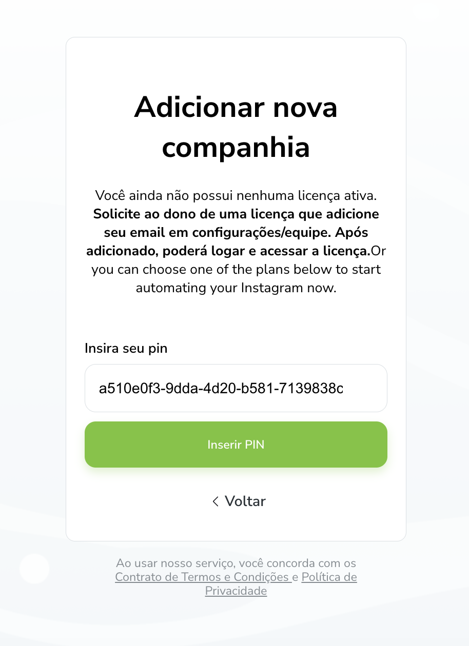 Inserindo PIN da companhia