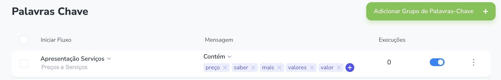 Esta funcionalidade é amplamente empregada para iniciar um fluxo específico exclusivamente mediante a escolha de palavras-chave. Para otimizar ainda mais essa capacidade, é possível criar grupos de palavras para designar fluxos específicos.
