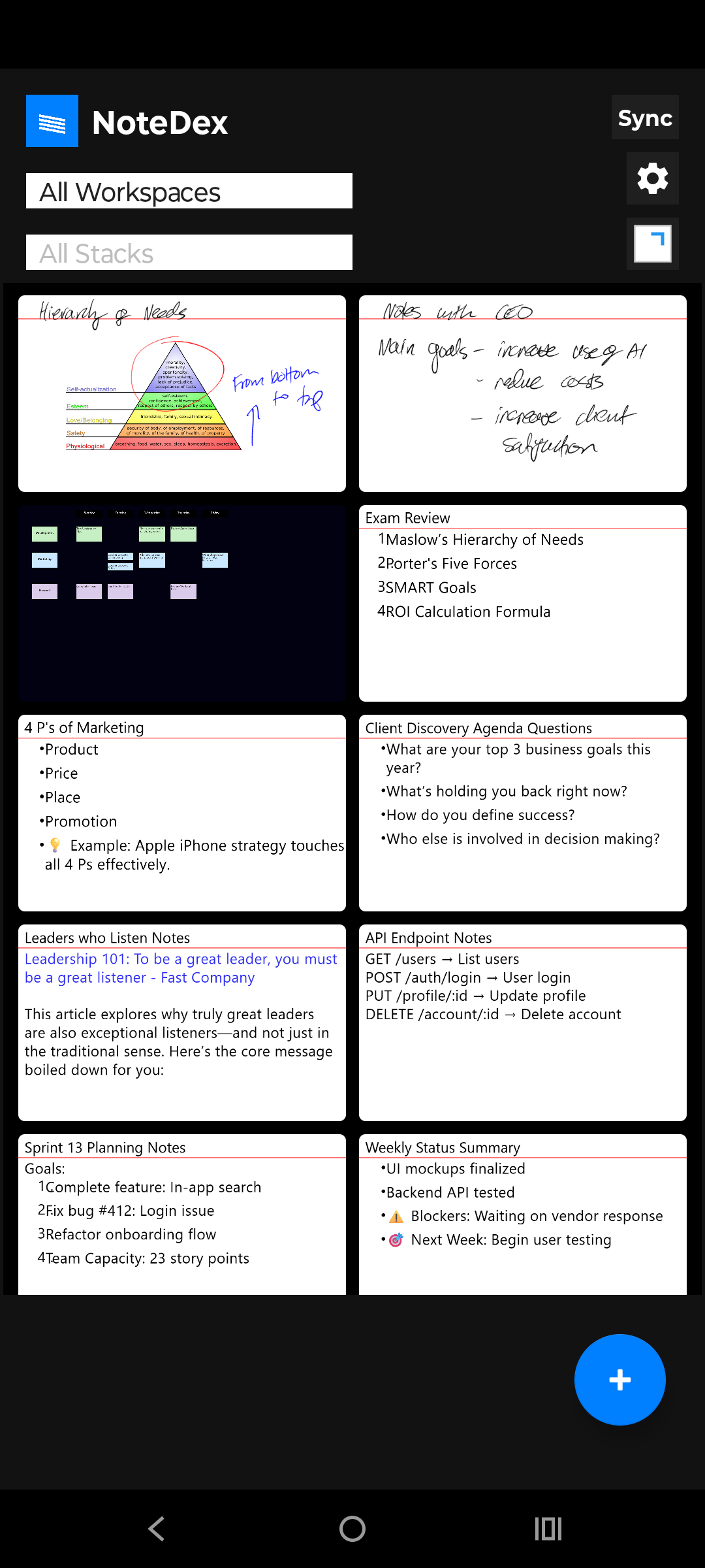 NoteDex Android App Home Screen