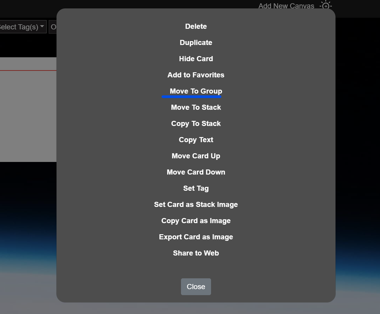 Click Card menu then select 'Move to Group'