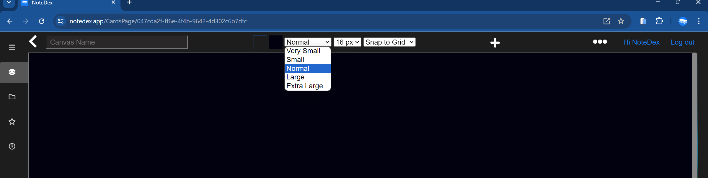 At the top of the app are options to set as defaults for the Canvas -  Card Size, Font Size and even background color and card color.  You can also set to 'Snap to Grid' which means when you move the cards they will be aligned on a fine grid.  You can turn this off by selecting 'Free Position'.  Snap to Grid usually looks best since then many cards can be aligned nicely.